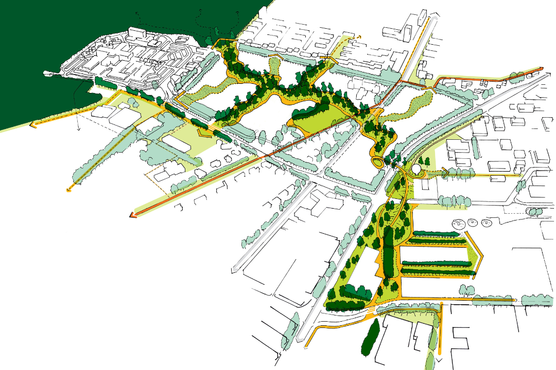Plattegrond van de nieuw te ontwikkelen 'groene sjerp' in het campusgebied